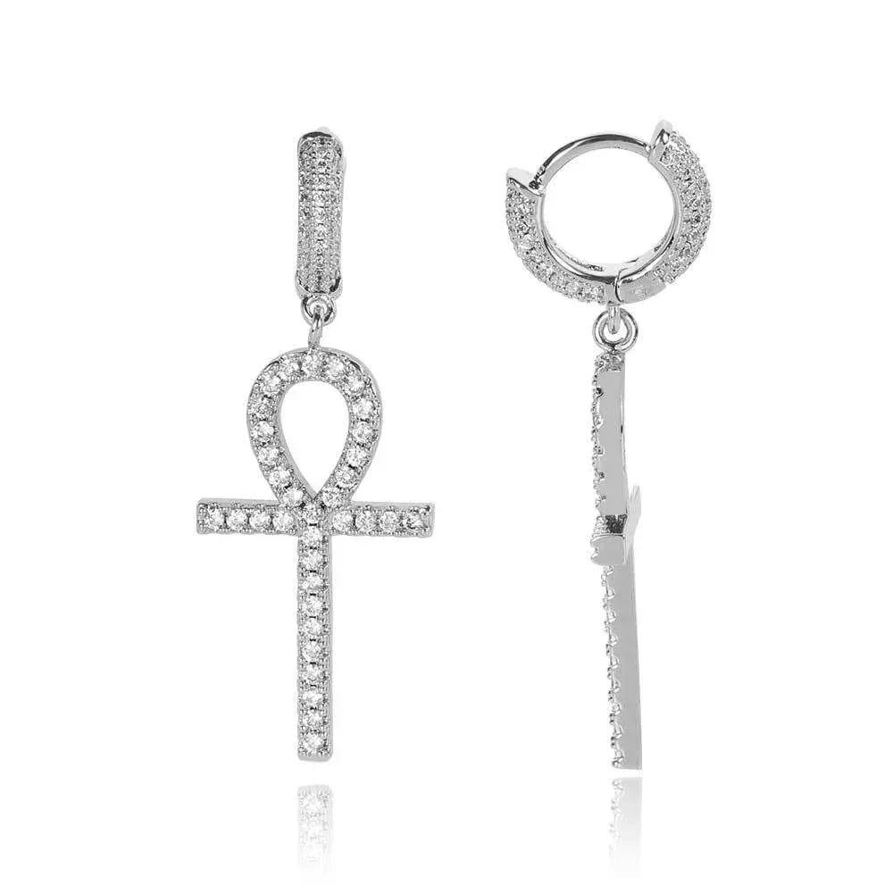 Ankh Key Cross Earrings with Micro-Pave Zircon Stones for Men and Women | Trendy Hip Hop Jewelry | Caratix Jewelry - CaratixJewelry