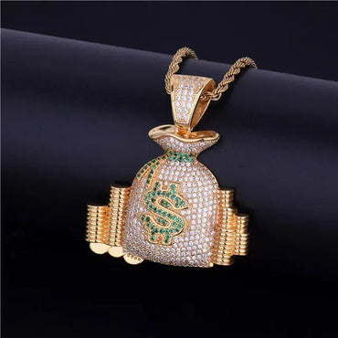 Iced Out Money Bag Pendant | Men's Real Gold Plated Necklace | Premium Copper CZ Dollar Sign Sack | Secure The Bag Jewelry | Caratix - CaratixJewelry