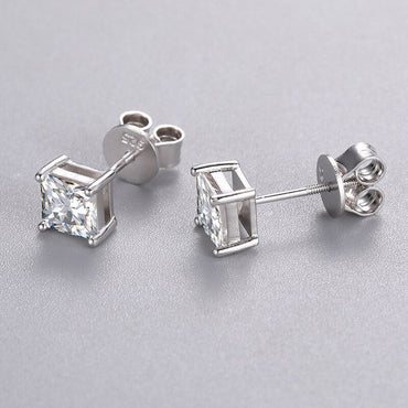 1CT VVS Diamond Princess Cut 925 Sterling Silver Stud Earrings