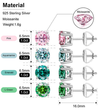 VVS 1CT Colorful Moissanite Diamond Stud Earrings | Pink, Yellow, Green, Blue Stones