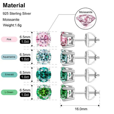 VVS 1CT Colorful Moissanite Stud Earrings | Pink, Yellow, Green, Blue Stones - CaratixJewelry