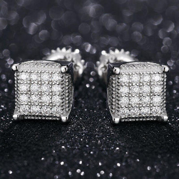 3D Cube Genuine VVS 925 Solid Silver Hip Hop Bling Earrings - CaratixJewelry