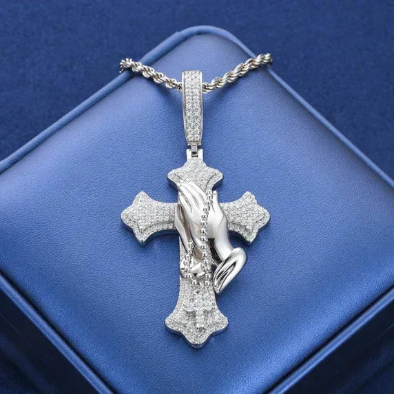 The Power of Prayer Solid 925 Silver Prayer Hands Cross Pendant – Moissanite Hip Hop Jewelry - CaratixJewelry