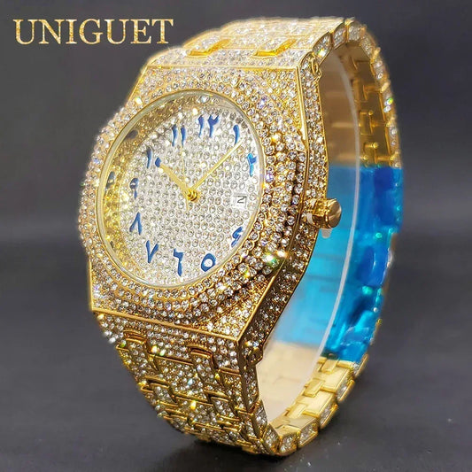 Luxury Octagonal Gold Watch for Men | Blue Numerals Full Iced Out Watch | Waterproof Calendar Hip Hop Wristwatch | Caratix - CaratixJewelry