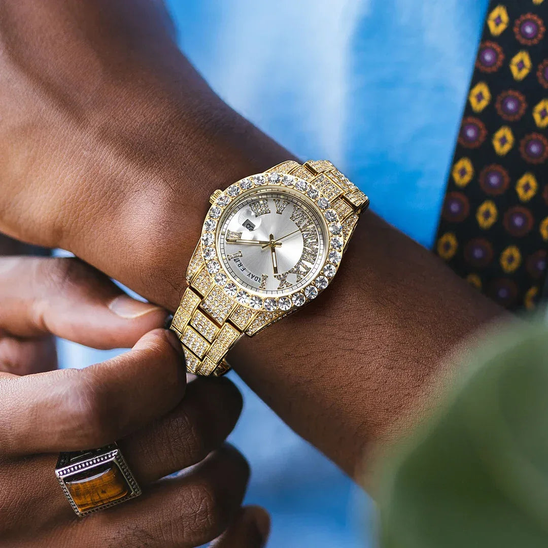 Luxury Day-Date Men's Watch | 18k Gold Full Iced Out Watch | Luminous Stainless Steel Bling Reloj | Caratix - CaratixJewelry