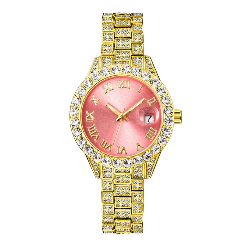 Small Pink Watch for Women | Elegant Iced Out Mini Dial Dress Watch | Luxury Calendar Ladies Wristwatch | Geschenk Frauen | Caratix - CaratixJewelry