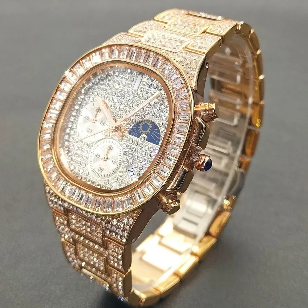 New Men's Bling Iced Out Watch | Luxury Quartz Wristwatch | Waterproof Luminous Calendar Mens Clock | Caratix - CaratixJewelry