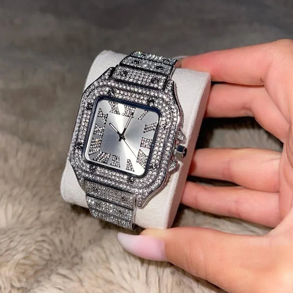 Luxury Women's Silver Watch | Elegant Iced Out Square Dress Watch | Ladies Jewelry Wristwatch | Uhren Dame Elegant | Caratix - CaratixJewelry