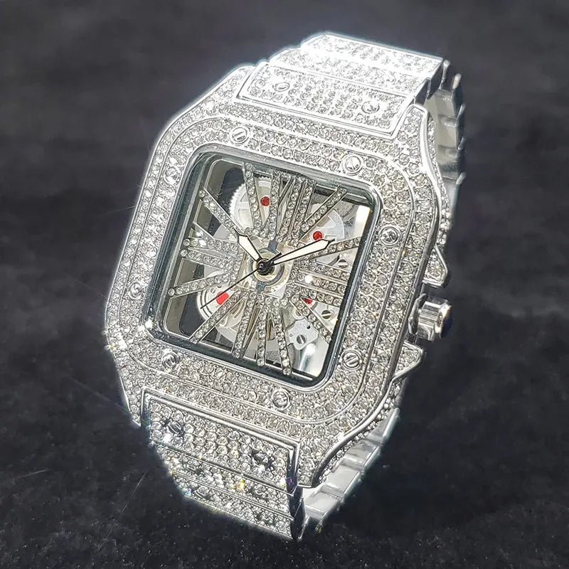 Luxury Men's Square Skeleton Watch | Iced Out Watch Stainless Steel Bracelet | Business Casual Quartz Wristwatch | Man Fashion Clock | Caratix - CaratixJewelry