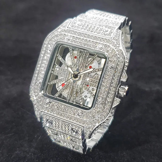 Luxury Men's Square Skeleton Watch | Iced Out Watch Stainless Steel Bracelet | Business Casual Quartz Wristwatch | Man Fashion Clock | Caratix - CaratixJewelry