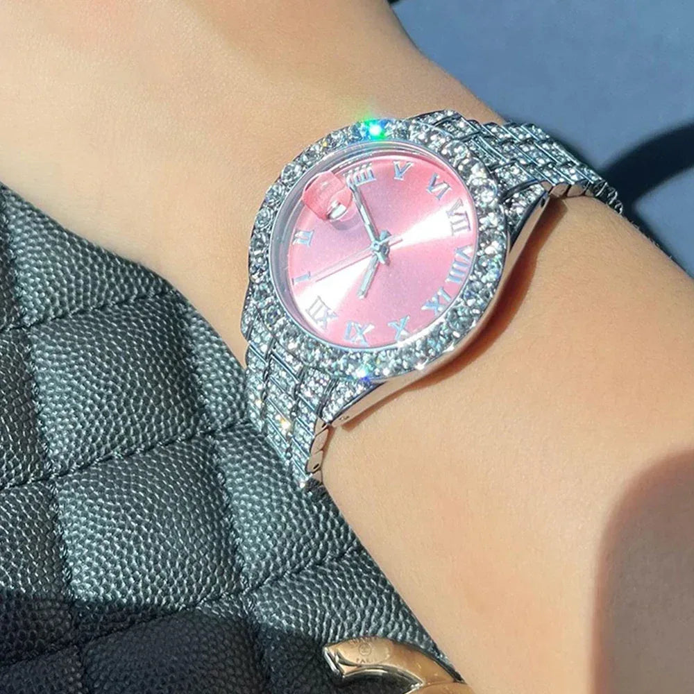 Small Pink Watch for Women | Elegant Iced Out Mini Dial Dress Watch | Luxury Calendar Ladies Wristwatch | Geschenk Frauen | Caratix - CaratixJewelry