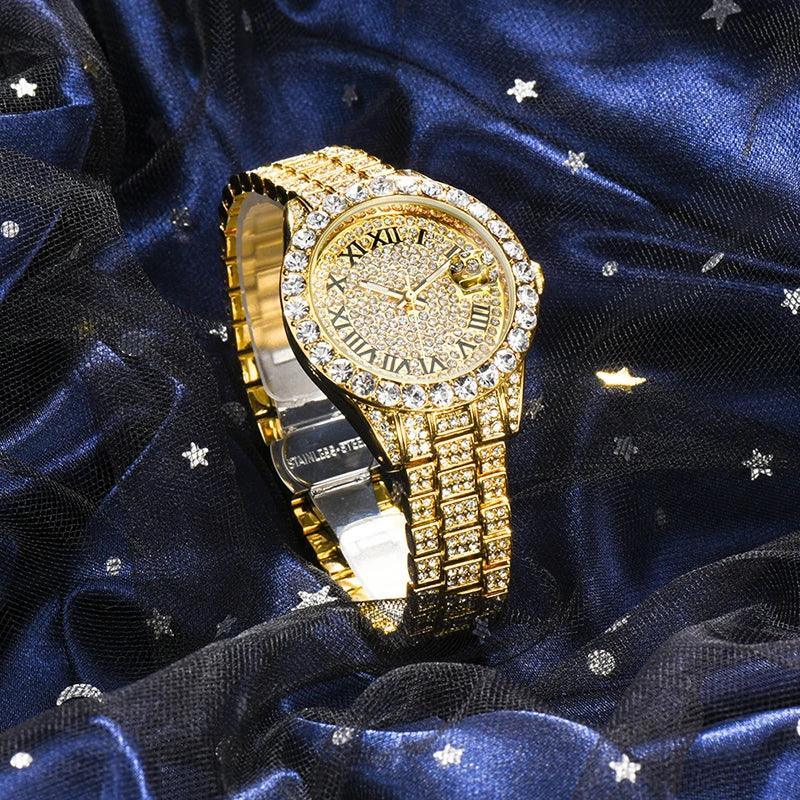 Small Pink Watch for Women | Elegant Iced Out Mini Dial Dress Watch | Luxury Calendar Ladies Wristwatch | Geschenk Frauen | Caratix - CaratixJewelry