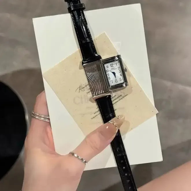 Luxury Reversible Case Women's Square Watch | 21*36mm Silver Niche Design Iced Out Watch | Retro Leather Strap Quartz Timepiece | Caratix - CaratixJewelry