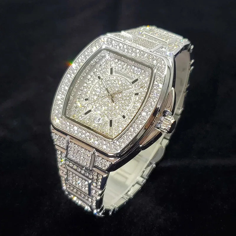 Luxury Silver Tonneau Watch for Men | Bling Bling Hip Hop Iced Out Watch | 2026 Fashion Quartz Wristwatch | Relogio Masculino Hot Sale | Caratix - CaratixJewelry