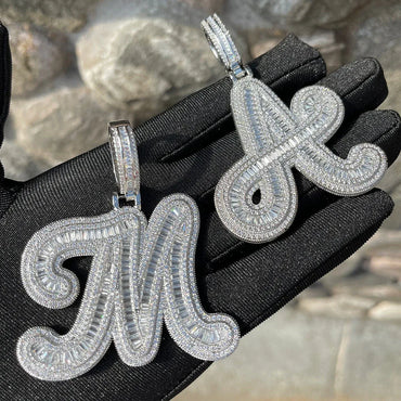 Two Layers Baguette Iced Out Initial Custom Name Necklace Pendant - Luxury Custom Jewelry - CaratixJewelry