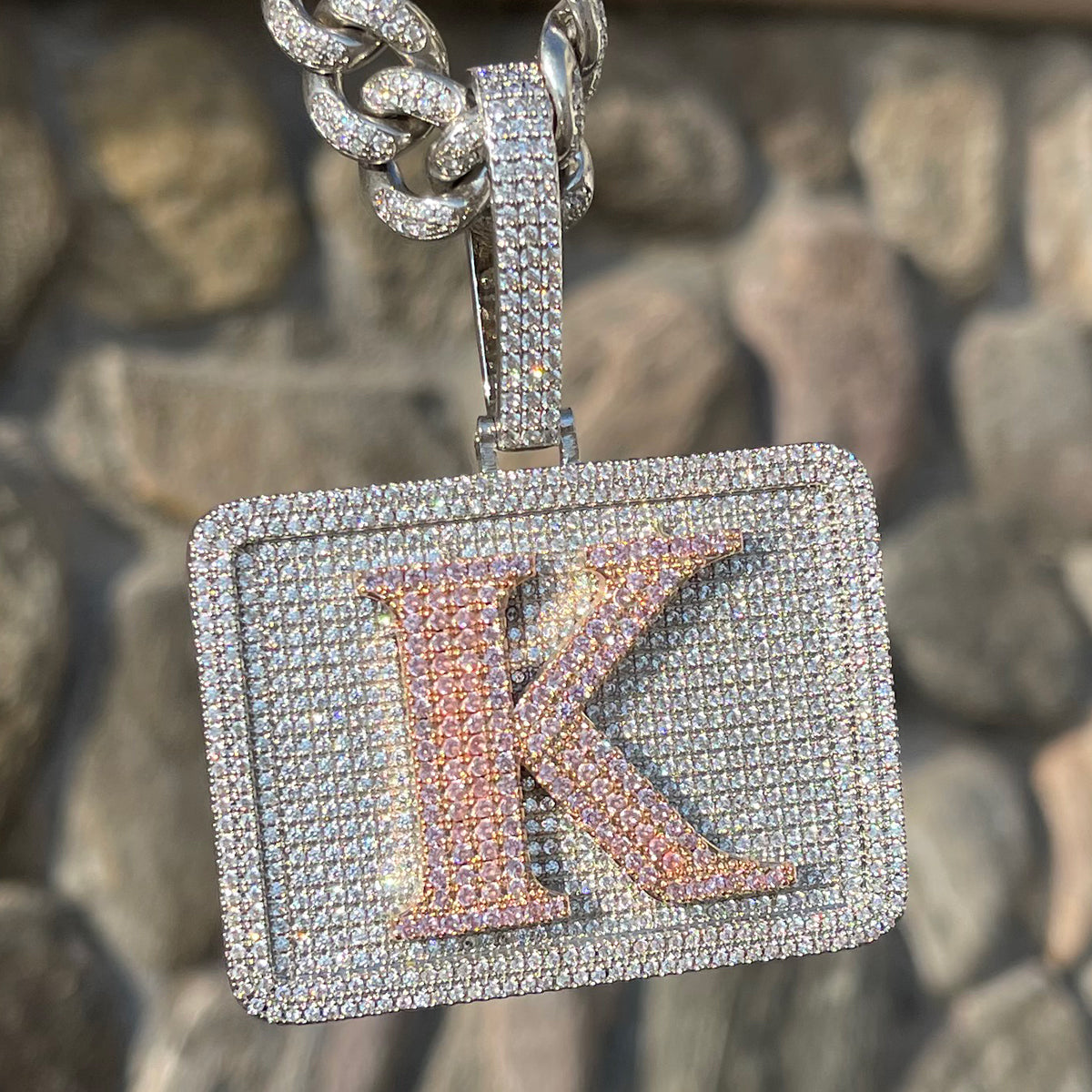 Your Initial or Name on Rectangle Diamond Iced Out Personalized Custom Necklace Pendant - Luxury Custom Jewelry