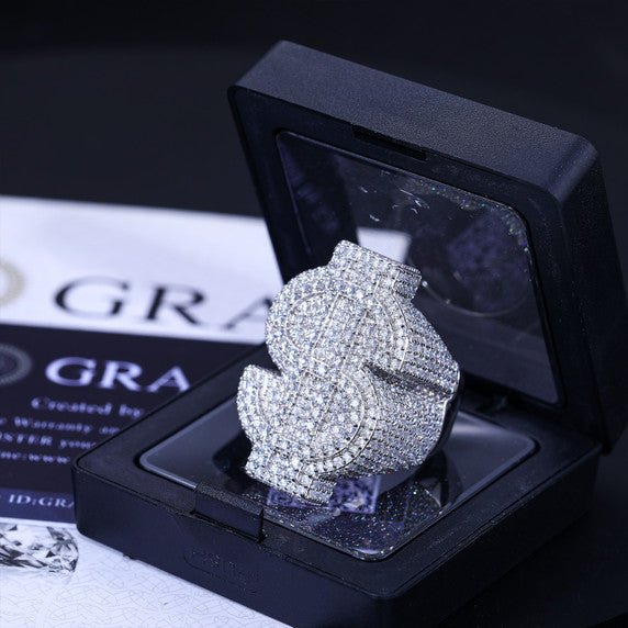Anillos de hip hop de plata esterlina maciza con símbolo de dólar y diamantes VVS genuinos