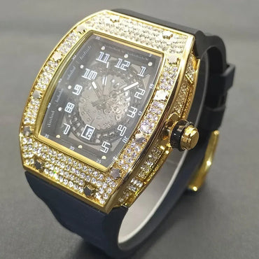 Luxury Tonneau Hollow Men's Watch | Gold Iced Out Watch with Rubber Strap | Unique Classic Waterproof Male Clock | Caratix - CaratixJewelry