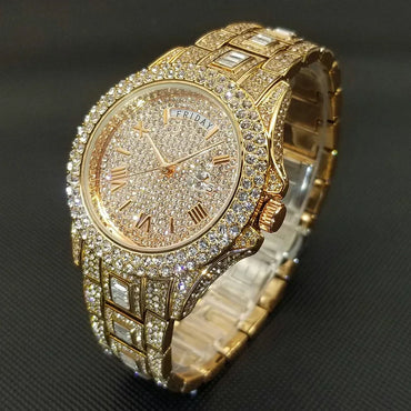 Luxury Day Date Iced Out Watch for Men | Hip Hop Rap Singer Wristwatch | West Coast Street Style Bling Jewelry Clock | Quartz Watch | Caratix - CaratixJewelry