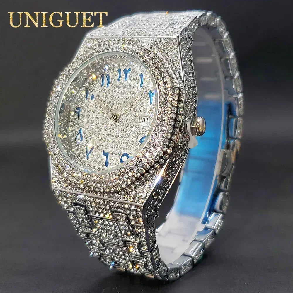 Luxury Octagonal Gold Watch for Men | Blue Numerals Full Iced Out Watch | Waterproof Calendar Hip Hop Wristwatch | Caratix - CaratixJewelry