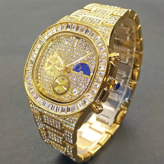 New Men's Bling Iced Out Watch | Luxury Quartz Wristwatch | Waterproof Luminous Calendar Mens Clock | Caratix - CaratixJewelry