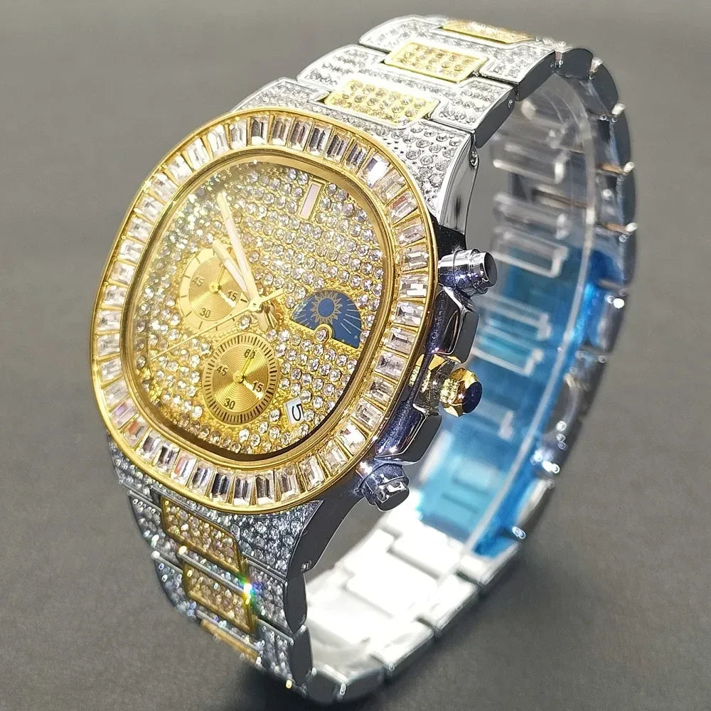 New Men's Bling Iced Out Watch | Luxury Quartz Wristwatch | Waterproof Luminous Calendar Mens Clock | Caratix - CaratixJewelry