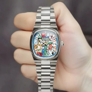 2026 New Square Men's Watch | Abstract Art Dial Luxury Iced Out Watch | Trendy Retro Niche Design | Silver Black Gold Street Style | Caratix - CaratixJewelry