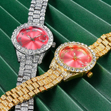 Small Pink Watch for Women | Elegant Iced Out Mini Dial Dress Watch | Luxury Calendar Ladies Wristwatch | Geschenk Frauen | Caratix - CaratixJewelry