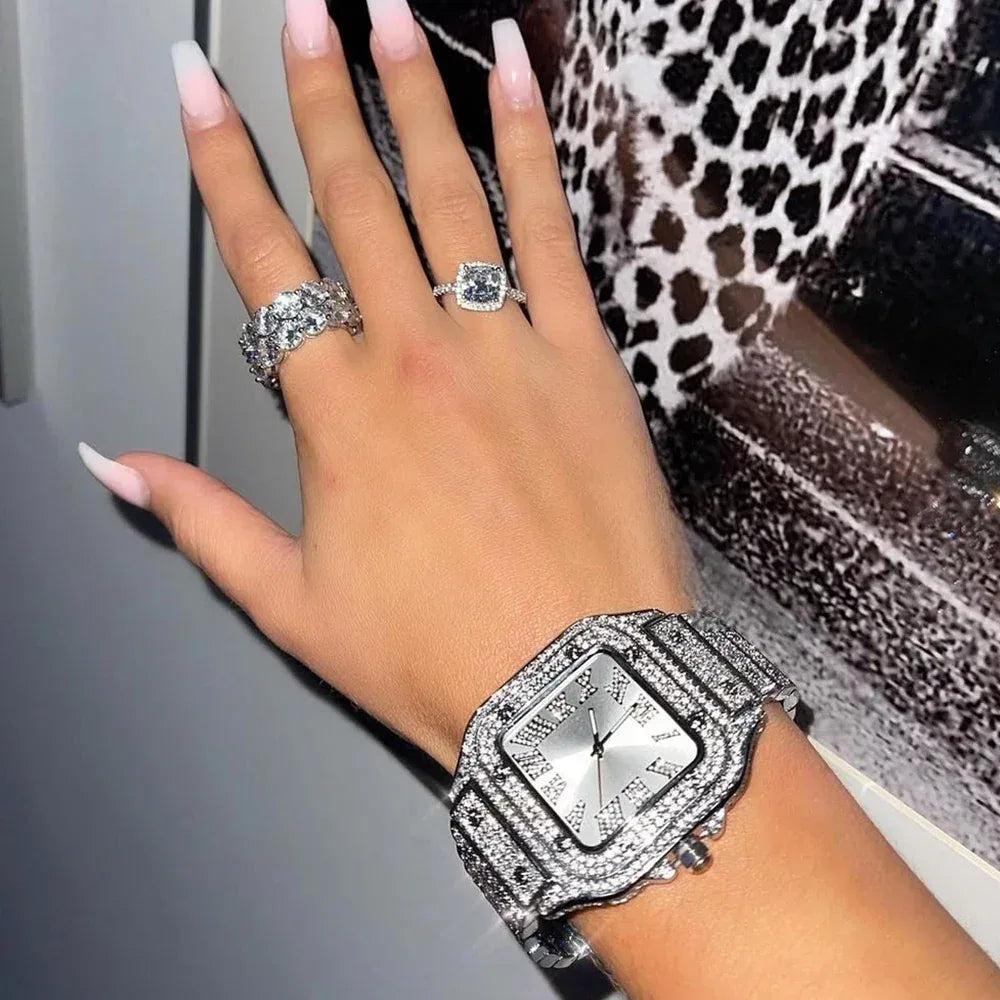 Luxury Women's Silver Watch | Elegant Iced Out Square Dress Watch | Ladies Jewelry Wristwatch | Uhren Dame Elegant | Caratix - CaratixJewelry