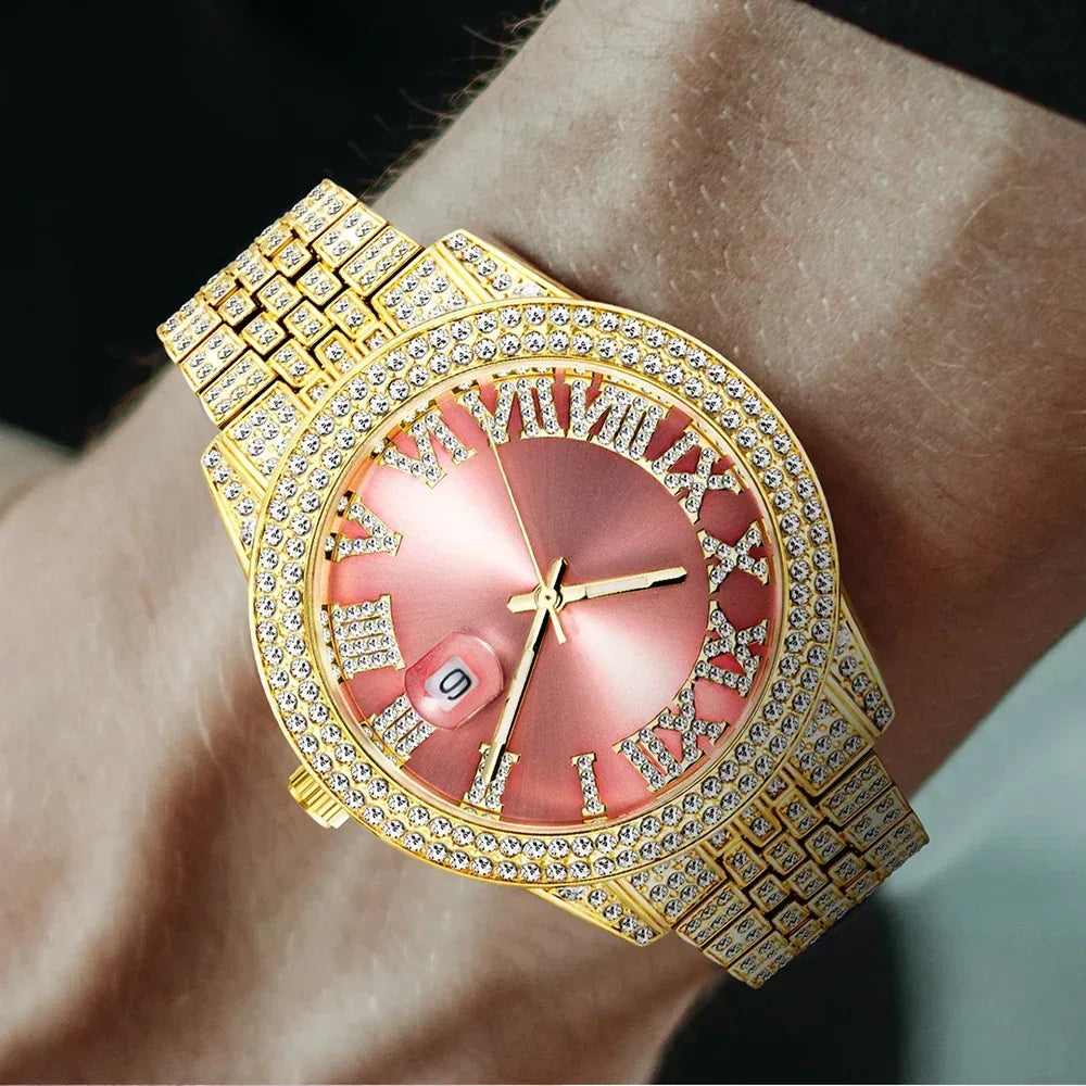 Luxury 18K Gold Men's Iced Out Watch | Full Stainless Steel Wristwatch | Luminous Waterproof Calendar Clock | Caratix - CaratixJewelry