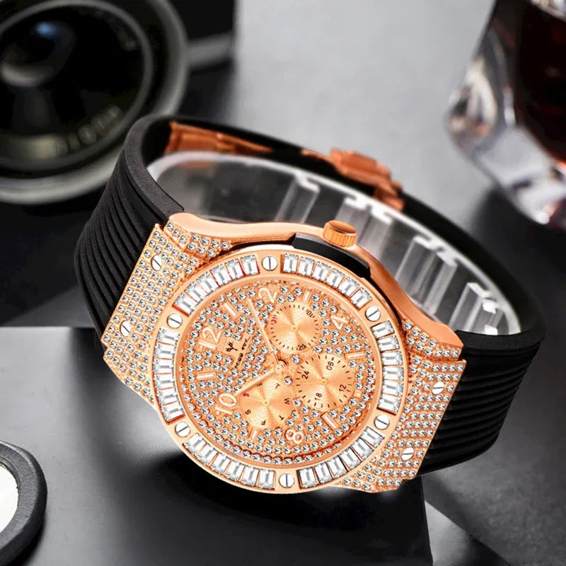 Luxury Rose Gold Men's Iced Out Watch | Quartz Wristwatch with Rubber Strap | Waterproof Silicone Reloj Gift | Caratix - CaratixJewelry