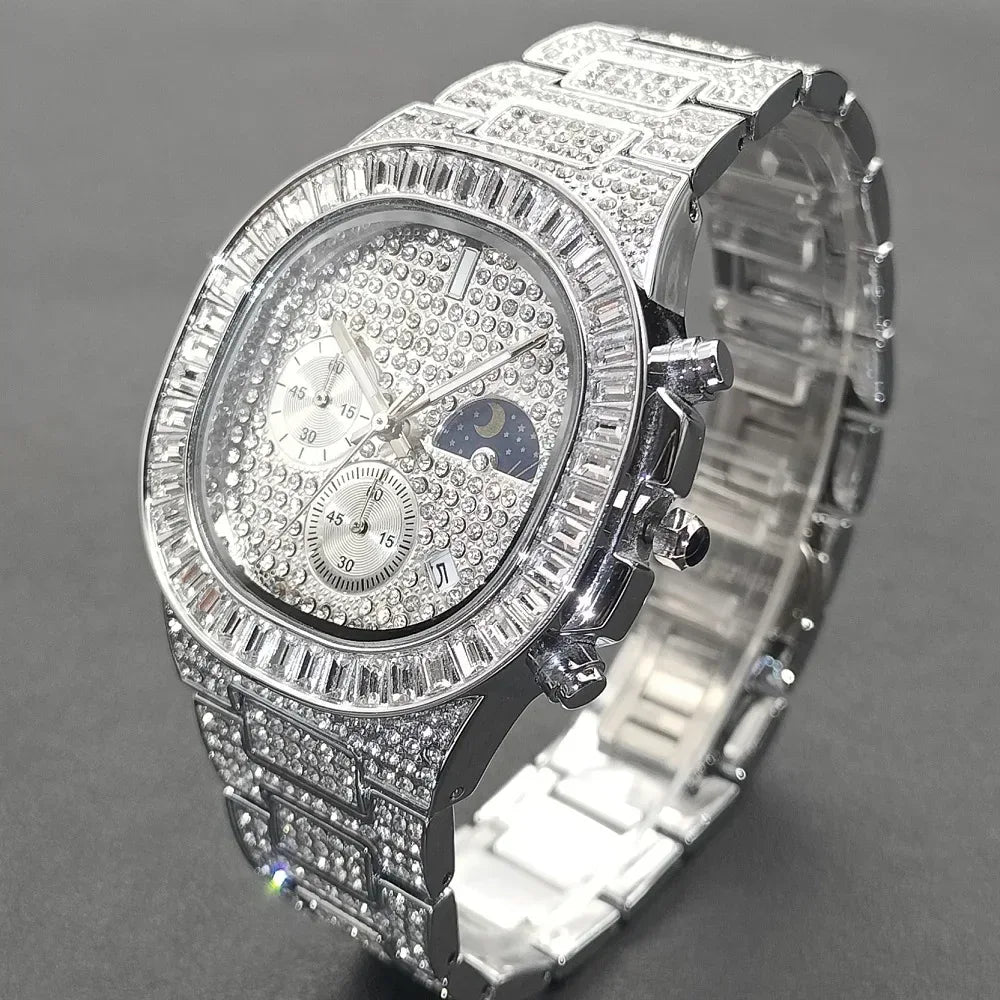 New Men's Bling Iced Out Watch | Luxury Quartz Wristwatch | Waterproof Luminous Calendar Mens Clock | Caratix - CaratixJewelry