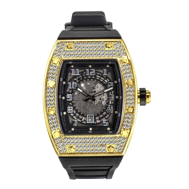 Luxury Tonneau Hollow Men's Watch | Gold Iced Out Watch with Rubber Strap | Unique Classic Waterproof Male Clock | Caratix - CaratixJewelry