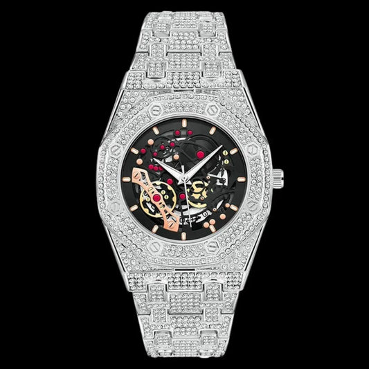 Skeleton Date Dial Iced Out Watch – Luxury Hip Hop Timepiece - CaratixJewelry