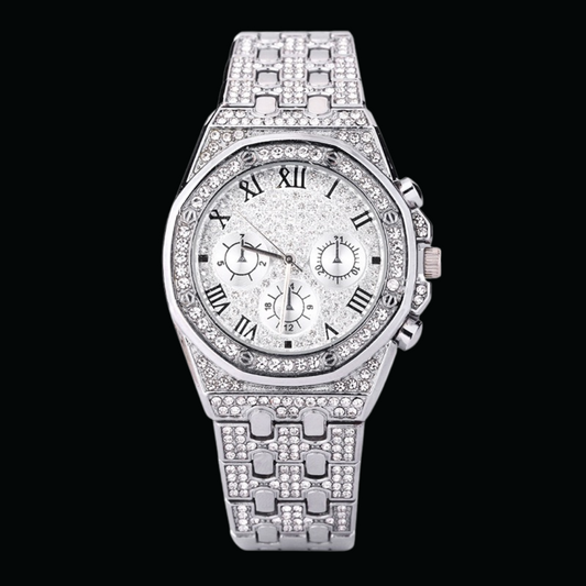 Chronograph Roman Numerals Iced Out Diamond Watch – Luxury Hip Hop Timepiece