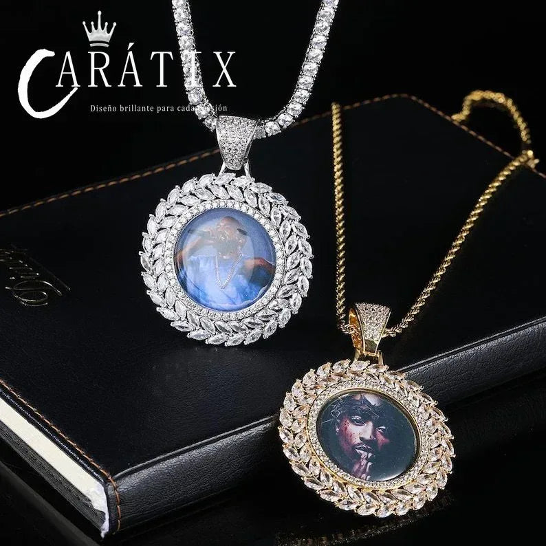 Personalized Wheat Circle Photo Pendant Necklace - Custom Hip Hop Iced Out Copper Zircon Picture Frame Jewelry for Men & Women - Memorial Gift - CaratixJewelry