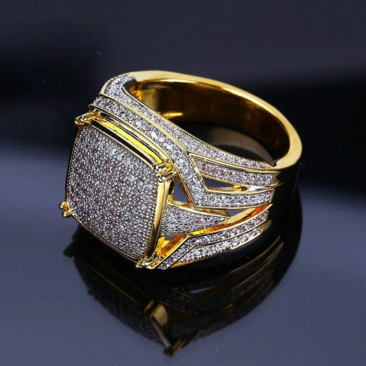Full Iced-Out Square Motif Ring | Micro-Pave Zirconia Band | Caratix