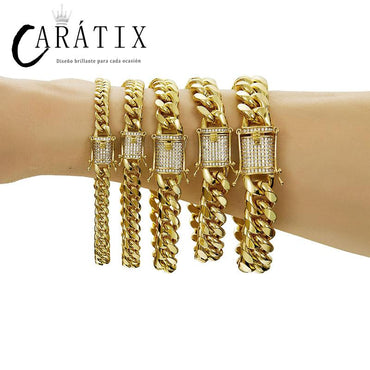 CARÁTIX - 6-14mm Bling Golden Color Stainless Steel Cuban Miami Chains Necklaces CZ Zircon Big Heavy Link Chain for Men Hip Hop Rock jewelry Valentine's Day Gift for Men & Girls & Boys Mothers' Day Gift #Springtok