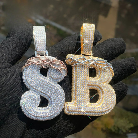 Crown Thorn Letter Pendant | Iced Out Hip Hop Initial Men’s Streetwear Necklace - CaratixJewelry