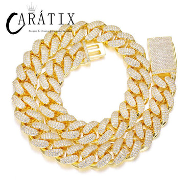 CARÁTIX 18mm Iced Out Cuban Link Chain Necklace – 3 Row CZ Rhombus Hip Hop Bling Jewelry for Men | Rapper Gift
