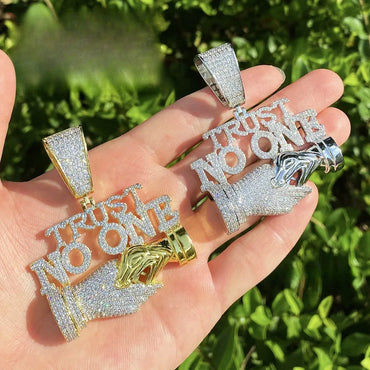 Iced Out "TRUST NO ONE" Handshake Pendant | Men's Real Copper CZ Necklace - CaratixJewelry