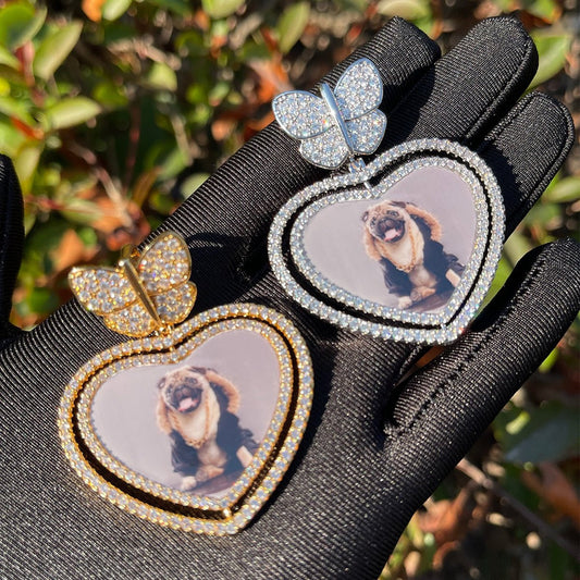 Butterfly Bail Rotating Heart Custom Photo Pendant Necklace – Iced Out Hip Hop Jewelry - CaratixJewelry