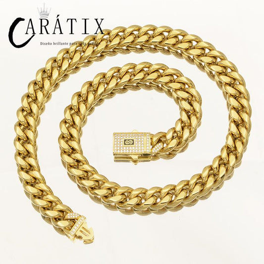 CARÁTIX Golden Stainless Steel Cuban Chain | CZ Box Lock Iced Out Hip Hop Necklace for Men