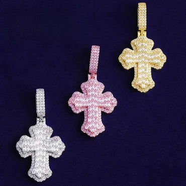 Double Layer Iced Out Baguette Cross Pendant | Men's Real Copper CZ Necklace - CaratixJewelry