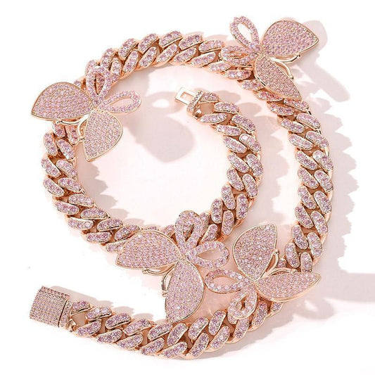 CARÁTIX All Pink Butterfly Cuban Chain | CZ Iced Out Miami Choker Necklace for Men & Women - CaratixJewelry