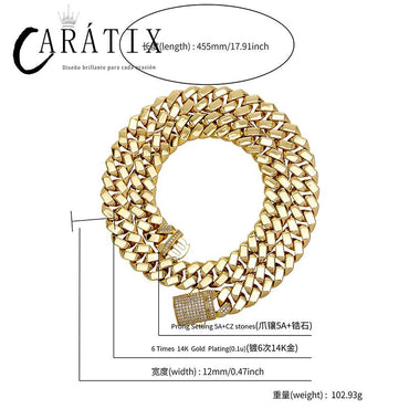 CARÁTIX 12mm Iced Out Cuban Link Chain Necklace – Hip Hop Bling Jewelry for Men | Gold Rhombus Miami Chain Gift