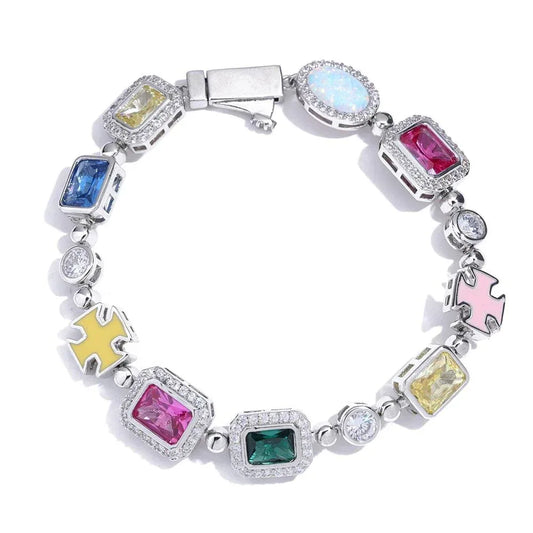 CARÁTIX 10mm Multi-Color Enamel CZ Chain Necklace – Silver Geometric Gemstone Motif Fashion Jewelry - CaratixJewelry