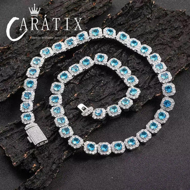 CARÁTIX 12mm Blue CZ Cluster Tennis Chain – Silver-Plated Jumbo Square Cubic Zirconia Necklace for Men - CaratixJewelry