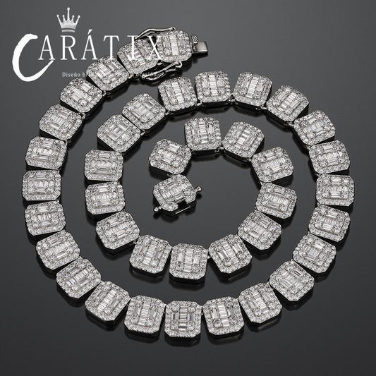 CARÁTIX 12mm Square CZ Tennis Chain Necklace – Claw-Set Iced Out Geometric Hip Hop Jewelry for Men & Women - CaratixJewelry
