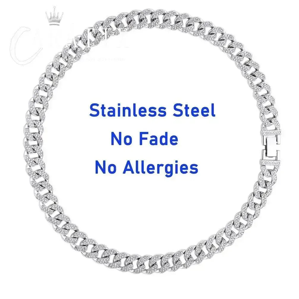 CARÁTIX 12mm Stainless Steel Cuban Link Chain Necklace – Rhinestone CZ Iced Out Hip Hop Jewelry for Men & Women | No Fade Design - CaratixJewelry